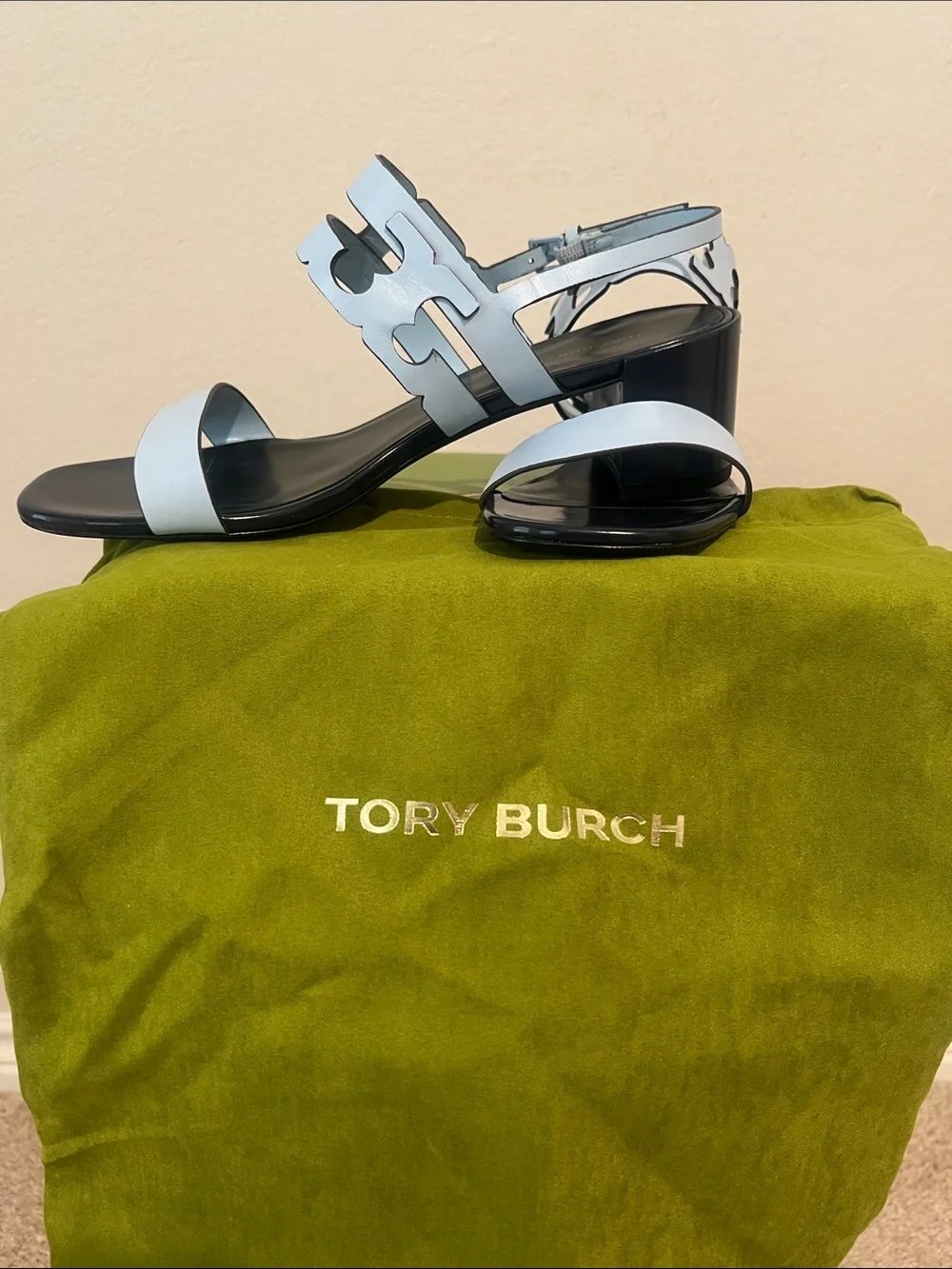 Tory Burch Ines Cage Heel Sandals 50mm Pale Lapis Perfect Navy Size 9 New